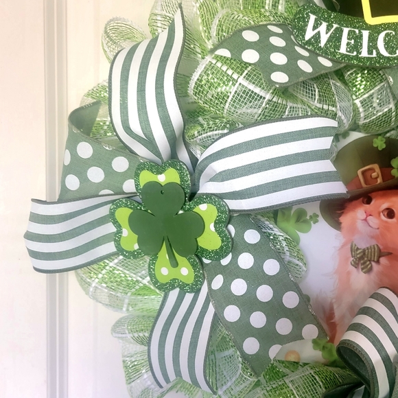 St. Patrick's Day Irish Cat Deco Mesh Bow Wreath - Picture 5 of 8